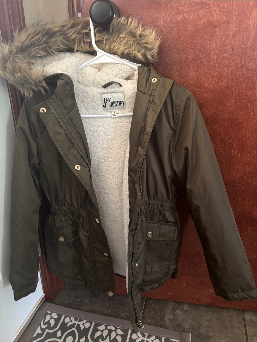 Justify Olive Green Faux Fur Trim Hooded Parka